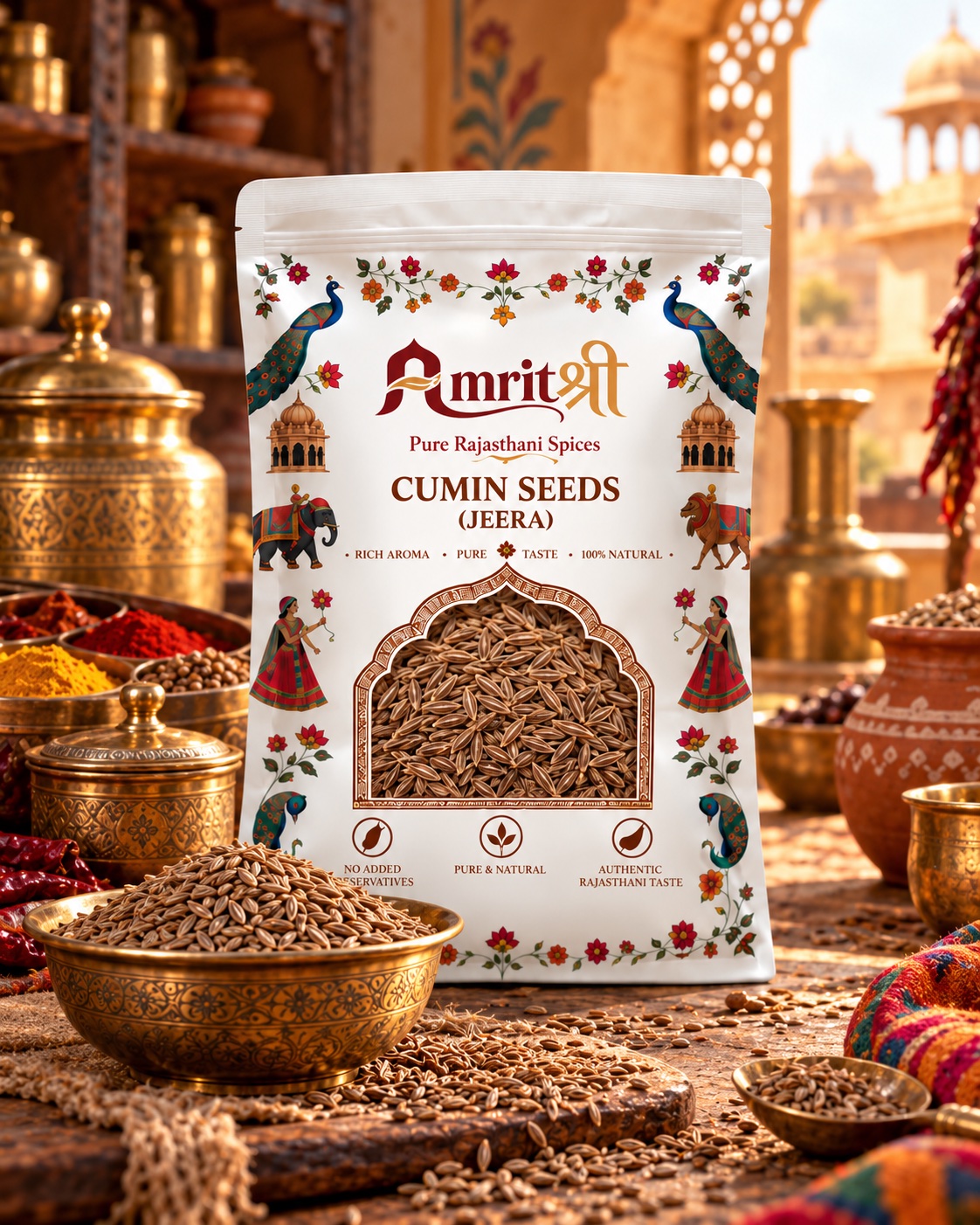 AMRITSHREE Cumin Seeds pouch with jeera in brass bowls